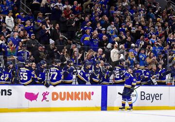 Dec 17, 2021; St. Louis, Missouri, USA; St. Louis Blues right wing Vladimir Tarasenko (91) is congratulated by teammates after scoring his second goal of the game against the Dallas Stars during the third period at Enterprise Center. Mandatory Credit: Jef