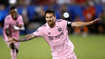 Aug 6, 2023; Frisco, TX, USA; Inter Miami CF forward Lionel Messi (10) reacts after scoring in the second half against FC Dallas at Toyota Stadium. Mandatory Credit: Tim Heitman-USA TODAY Sports     TPX IMAGES OF THE DAY