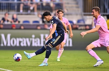 Philadelphia Union forward Julian Carranza scores against Inter Miami.